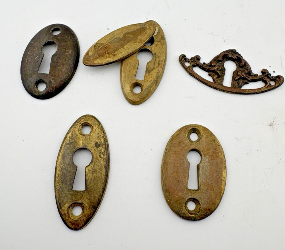 Five Vintage Antique Brass Iron Key Hole Covers Lock Hardware escutcheons